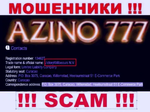 Юридическое лицо кидал Азино 777 - ВикториВиллбеоурс Н.В., инфа с сайта мошенников