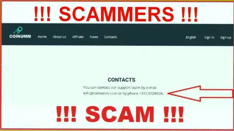 Coinumm Com phone number is listed on the scammers web-site