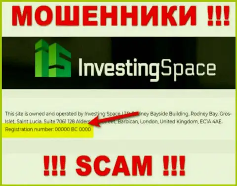 Номер регистрации мошеннической организации InvestingSpace: 00000 BC 0000