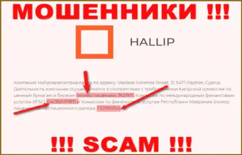 Не сотрудничайте с мошенниками Hallip - существованием номера лицензии на осуществление деятельности, на сайте, заманивают доверчивых людей