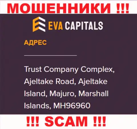 На web-ресурсе Eva Capitals предложен оффшорный юридический адрес конторы - Trust Company Complex, Ajeltake Road, Ajeltake Island, Majuro, Marshall Islands, MH96960, будьте бдительны - это кидалы