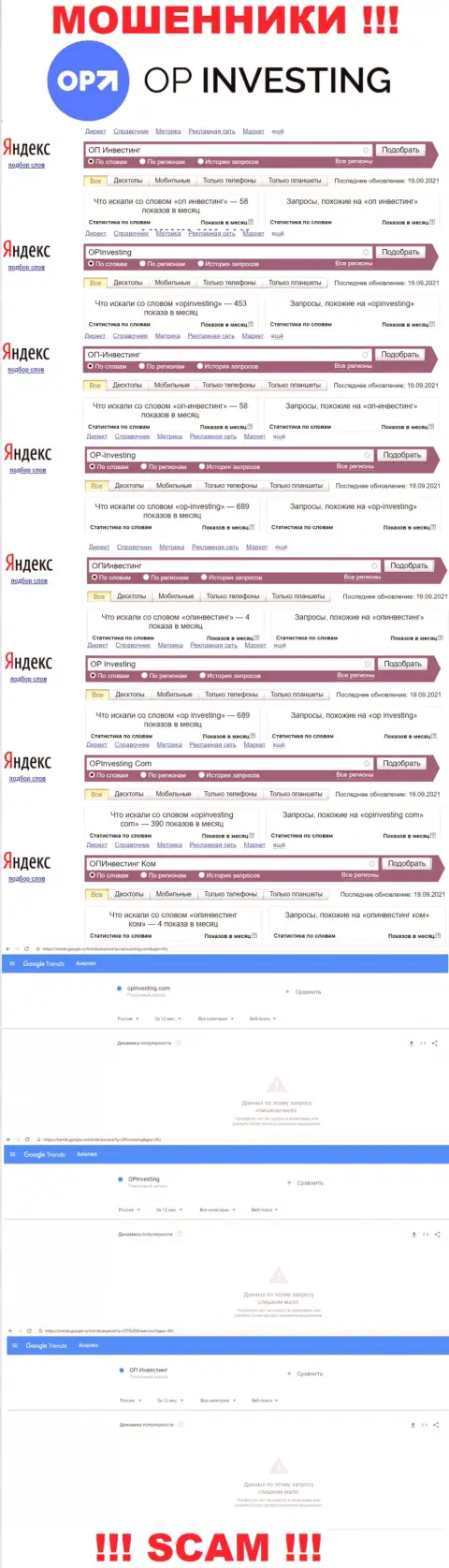 Количество поисковых запросов посетителями сети интернет материала о ворах ОПИнвестинг Ком