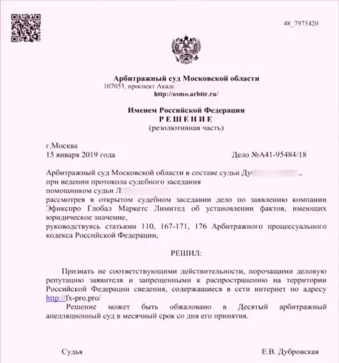 Решение Арбитражного суда Московской области по иску обманщиков FxPro Group Limited в отношении веб-сайта Фх-Про.Про