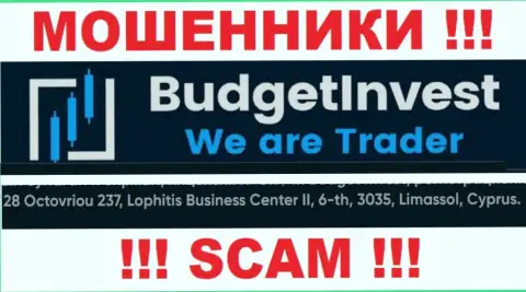 Не имейте дело с Budget Invest - указанные интернет лохотронщики скрылись в оффшоре по адресу 8 Octovriou 237, Lophitis Business Center II, 6-th, 3035, Limassol, Cyprus