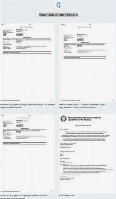 Лицензионные документы, а также сертификаты онлайн-обменника БТК Бит