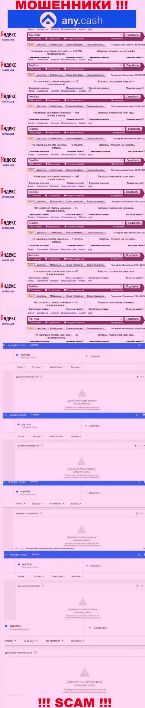 Скриншот итога поисковых запросов по жульнической конторе Эни Кеш