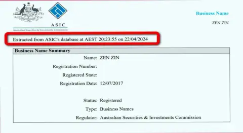 Документ, доказывающий наличие регистрации у брокерской фирмы Зиннейра Ком